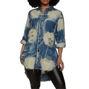 Women’s‎ DAZL Distressed Acid Wash Paint Splatter Button Down Shirt Tunic Size L